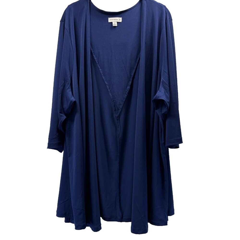 Susan Graver Women's Cardigan Jacket Size 3X  Solid Blue Back Pleated 3/4 Sleeve
